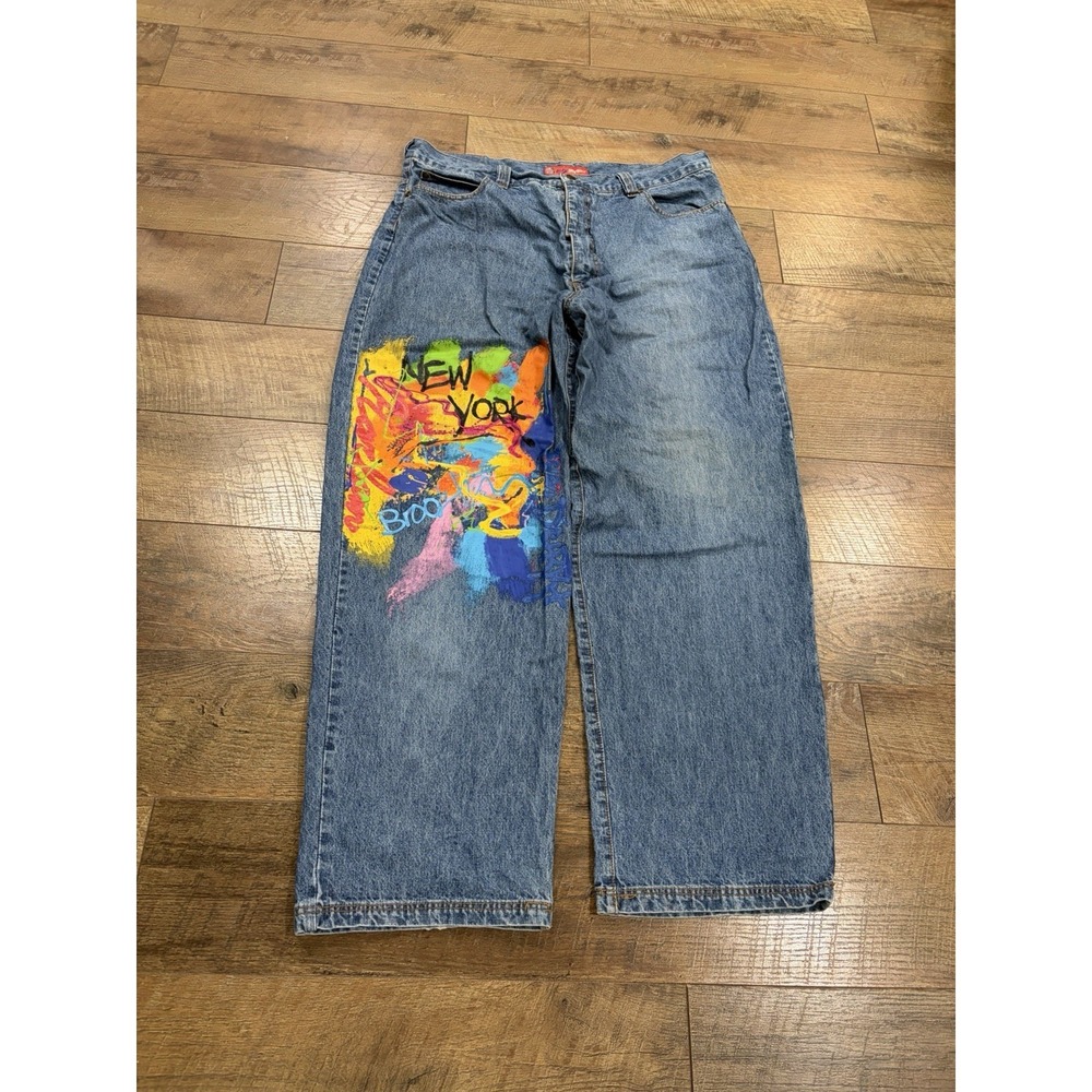 Vintage Y2k New York Graffiti Baggy Jeans 38x31.5 Blue Denim Bleu Dstrkt Knicks